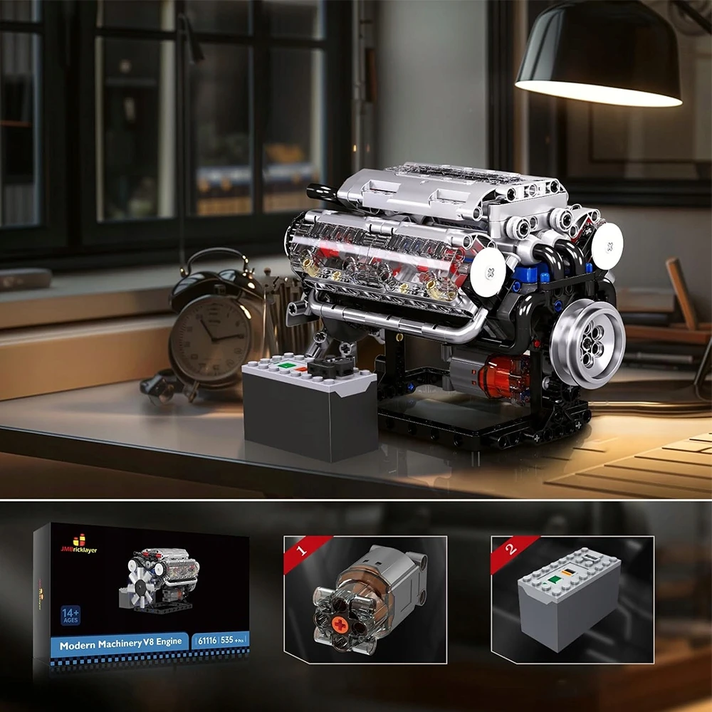 Bedee V8 vidaus degimo variklio statybinių blokų rinkinys su rankomis surinktu modeliu su šviesa
