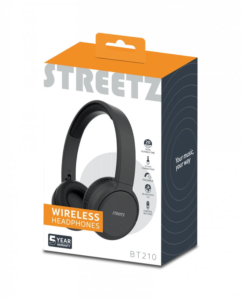 BT210 Bluetooth ausinės STREETZ, su mikrofonu, sulankstomos, juodos / BT210-BLK / 6612085