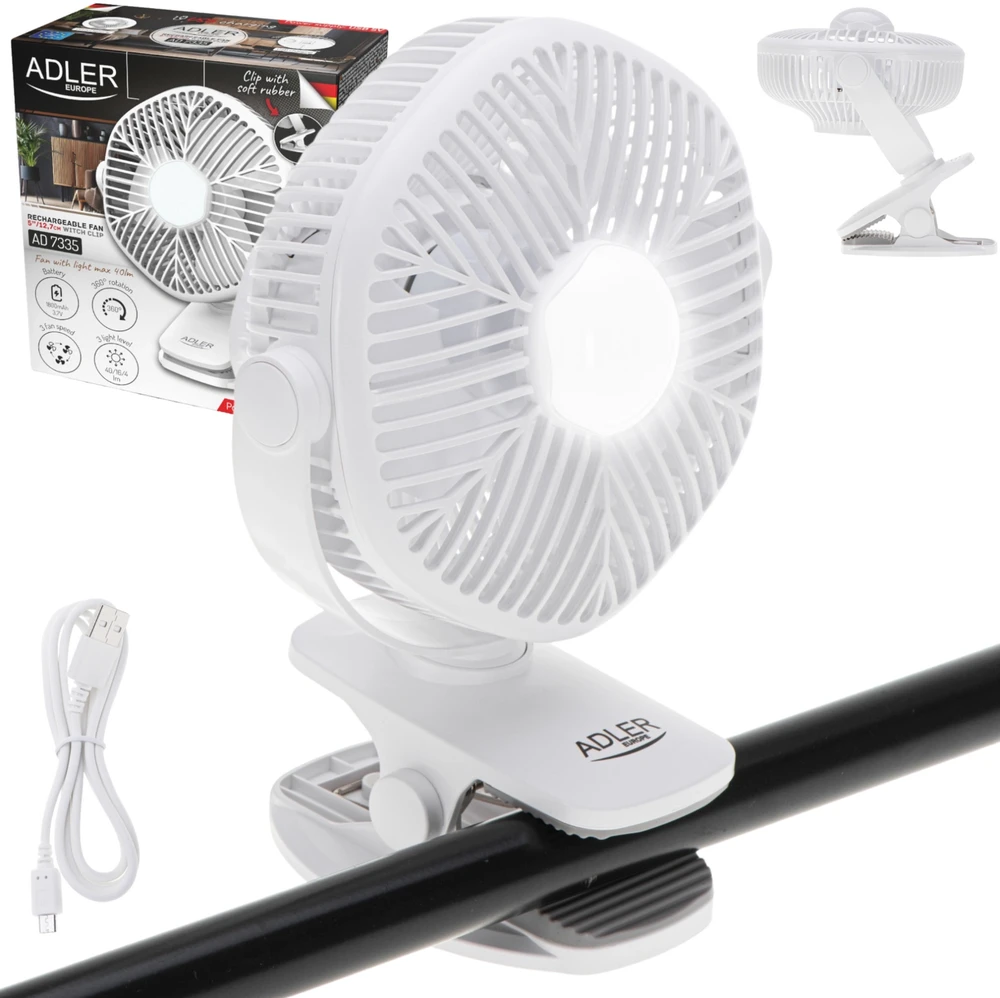 Adler AD 7335 Baterijos ventiliatorius 5/12,7 cm su spaustuku - USB / LED