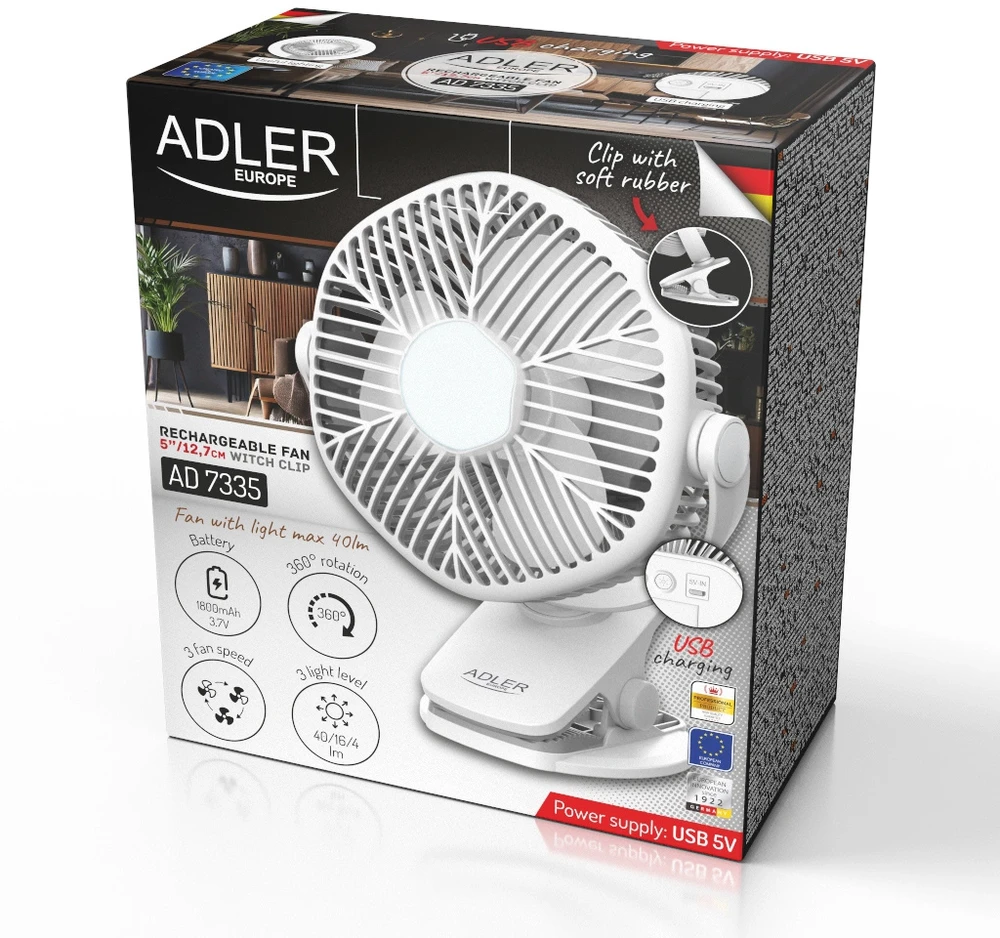 Adler AD 7335 Baterijos ventiliatorius 5/12,7 cm su spaustuku - USB / LED