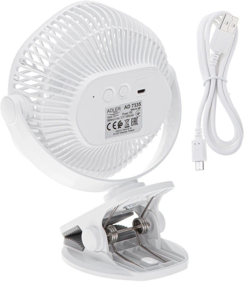 Adler AD 7335 Baterijos ventiliatorius 5/12,7 cm su spaustuku - USB / LED