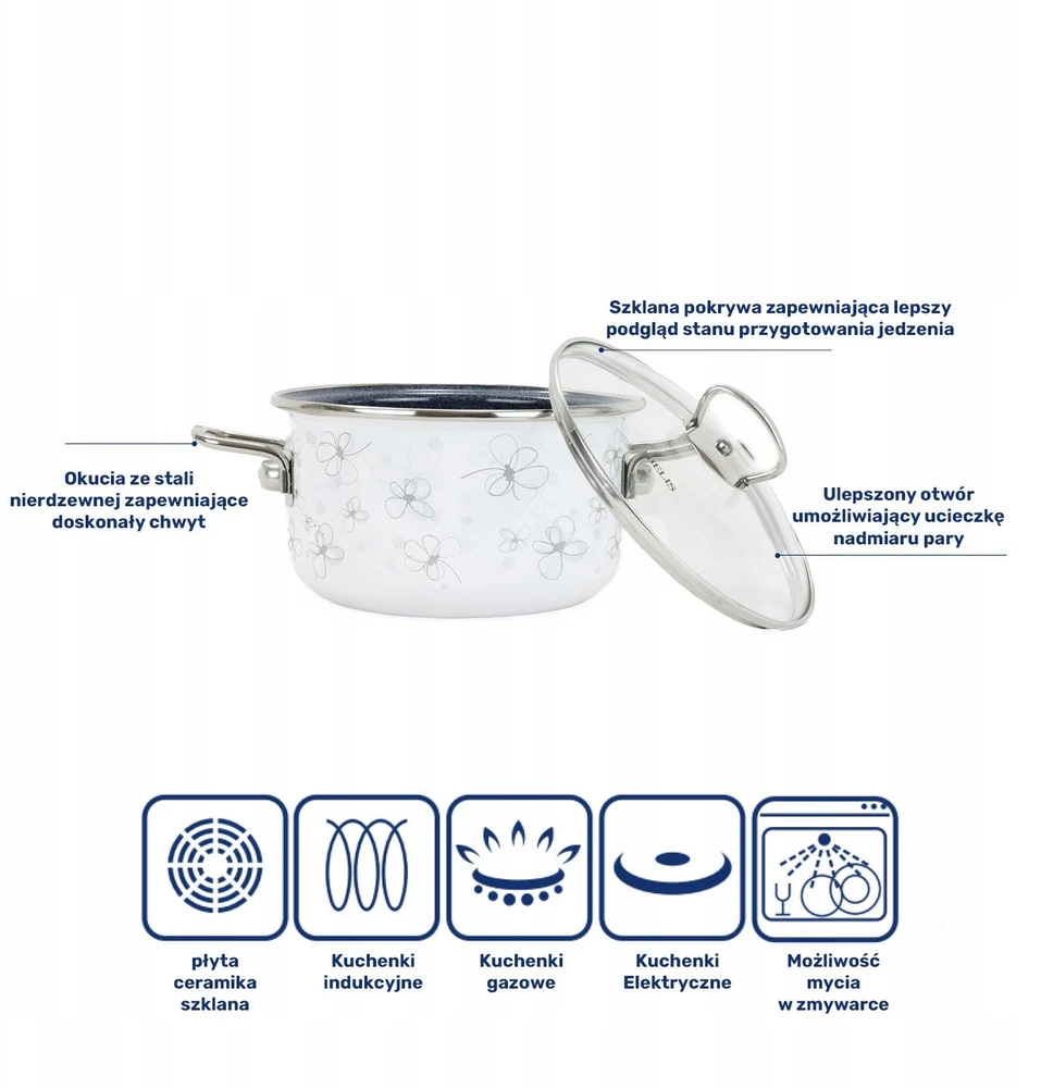 BELIS EMAL PUODAS. SU dangteliu 2,2L 18CM Baltas