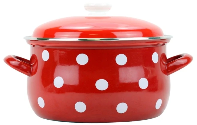 Belis Emaliuotas puodas su dangčiu 3,6l, 20cm, raudonas su baltomis taškeliais