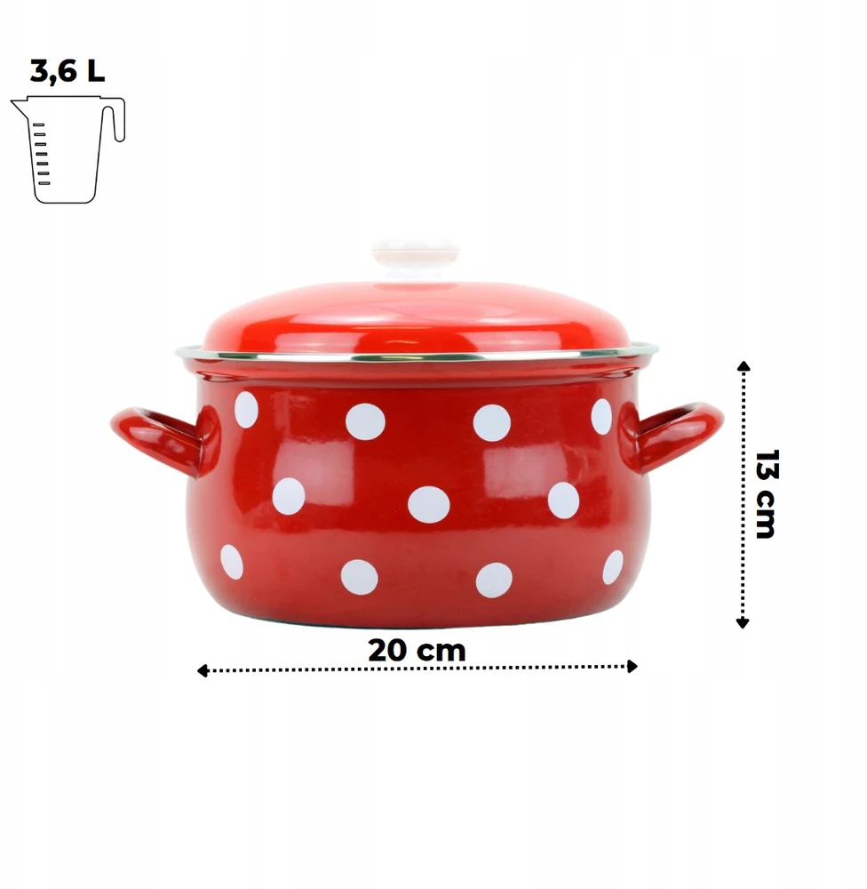 Belis Emaliuotas puodas su dangčiu 3,6l, 20cm, raudonas su baltomis taškeliais
