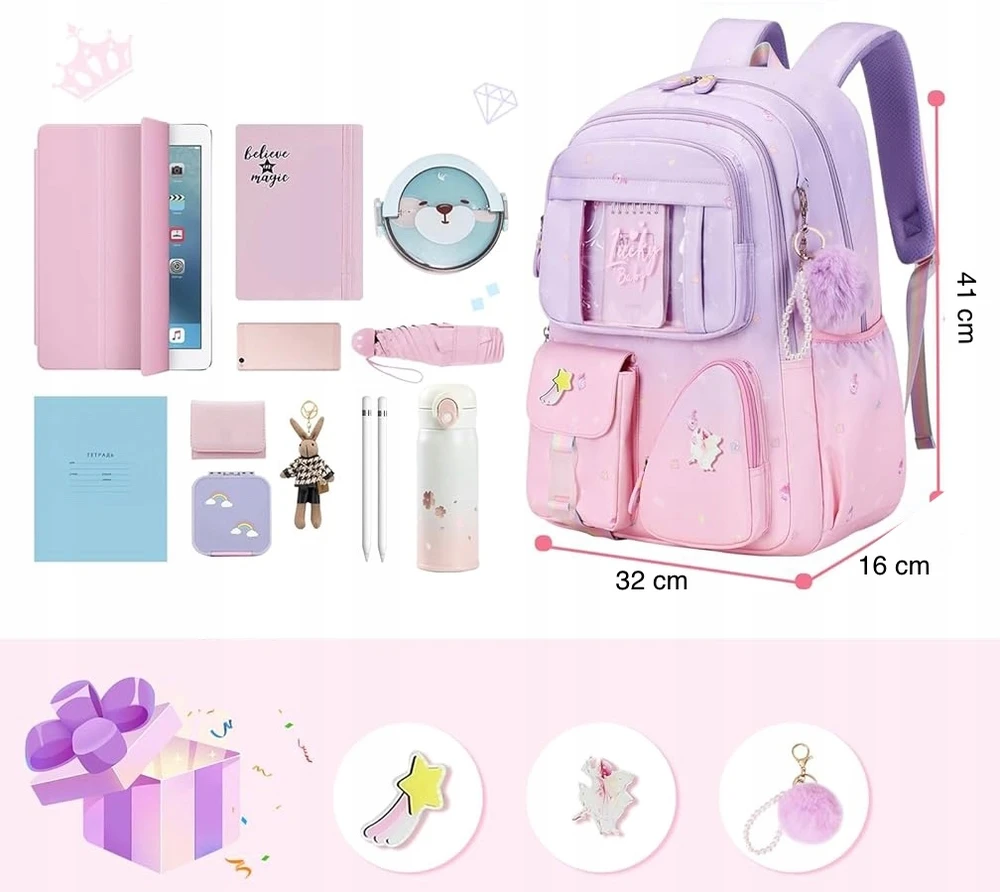 Bergens Mokyklinė kuprinė mergaitei su priedais, A4 formatas, 41cm