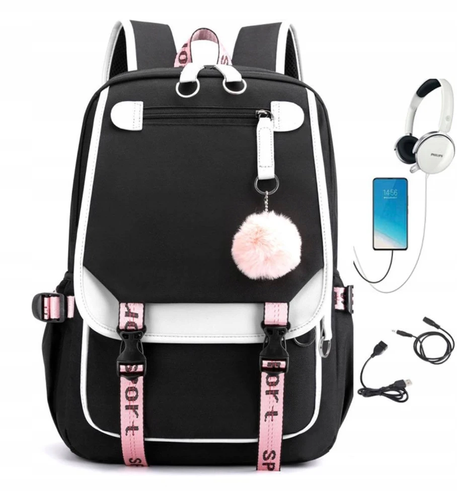 Bergens Mokyklinė kuprinė su penalu 6in1, Usb, juoda