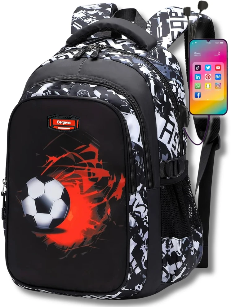 Bergens Vaikų kuprinė su Usb ir raktų dėklu, futbolo tema