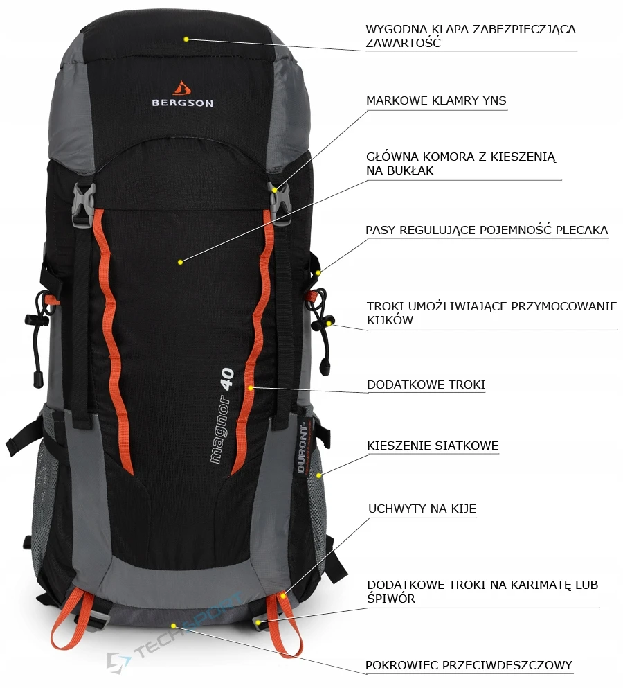 Bergson Magnor 40l: Talpus, lengvas, vėdinamas trekkingo kuprinė, juoda