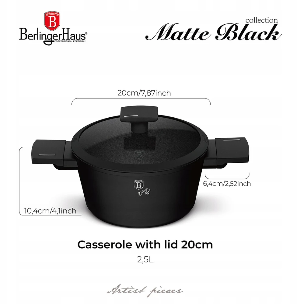 Berlinger Haus Berlingerhaus puodas su dangčiu 20cm Matte Juodas