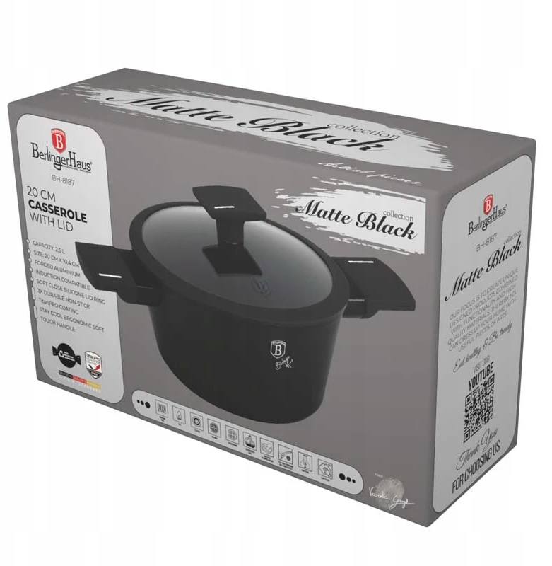 Berlinger Haus Berlingerhaus puodas su dangčiu 20cm Matte Juodas