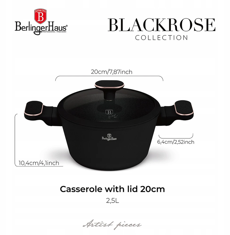 Berlinger Haus Juodas Rose puodas su dangčiu 20cm, 2.6l
