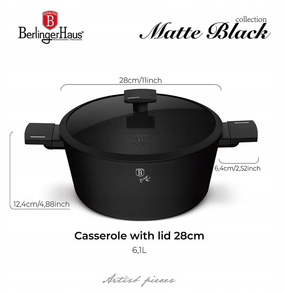 Berlinger Haus Puodas su dangčiu 28cm, 6.1l, matinė juoda