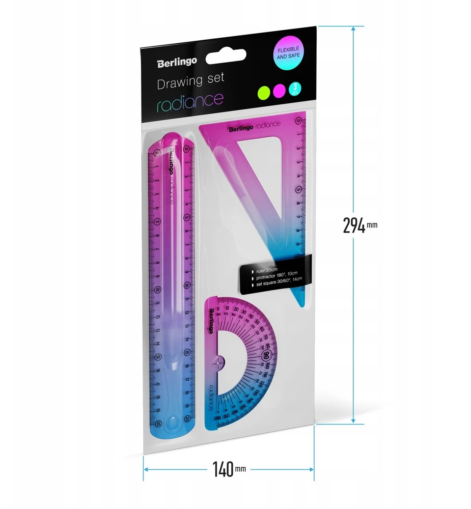 Berlingo Rinkinys geometryczny Radiance linijka, ekierka, kątomierz róż-nieb