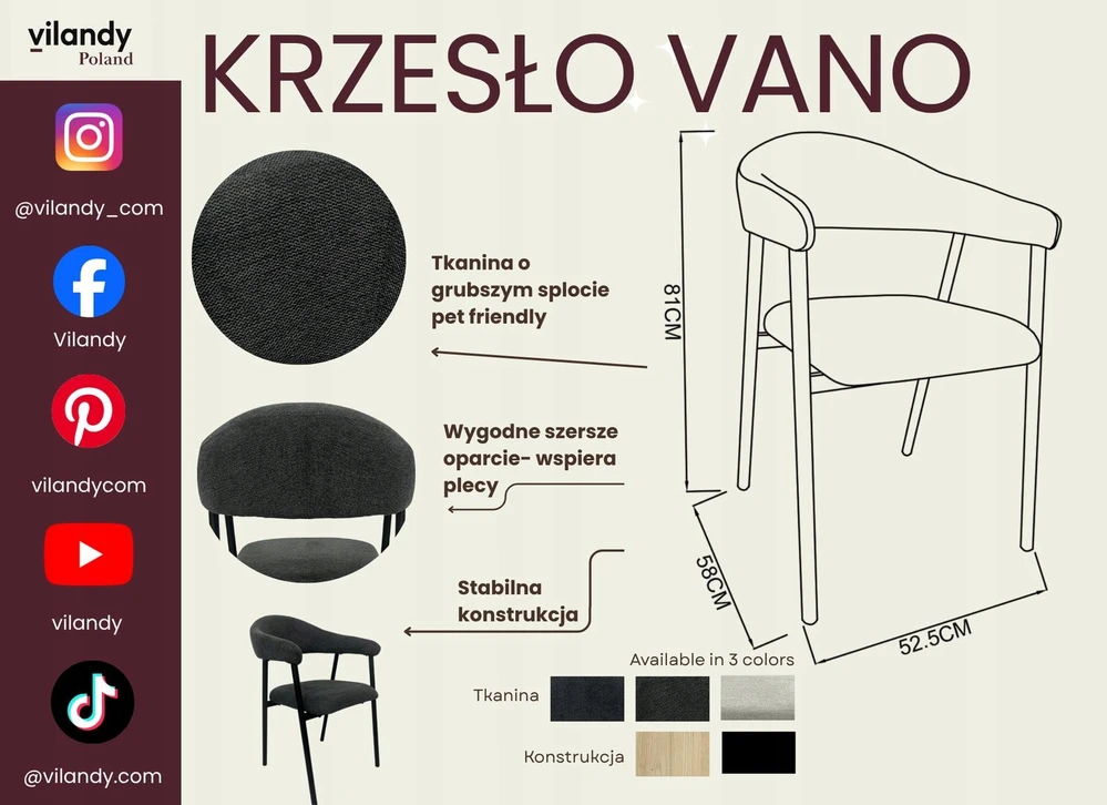 Bez Marki 2 minkštų VANO valgomojo kėdžių rinkinys, juodas rėmas, grafito spalvos