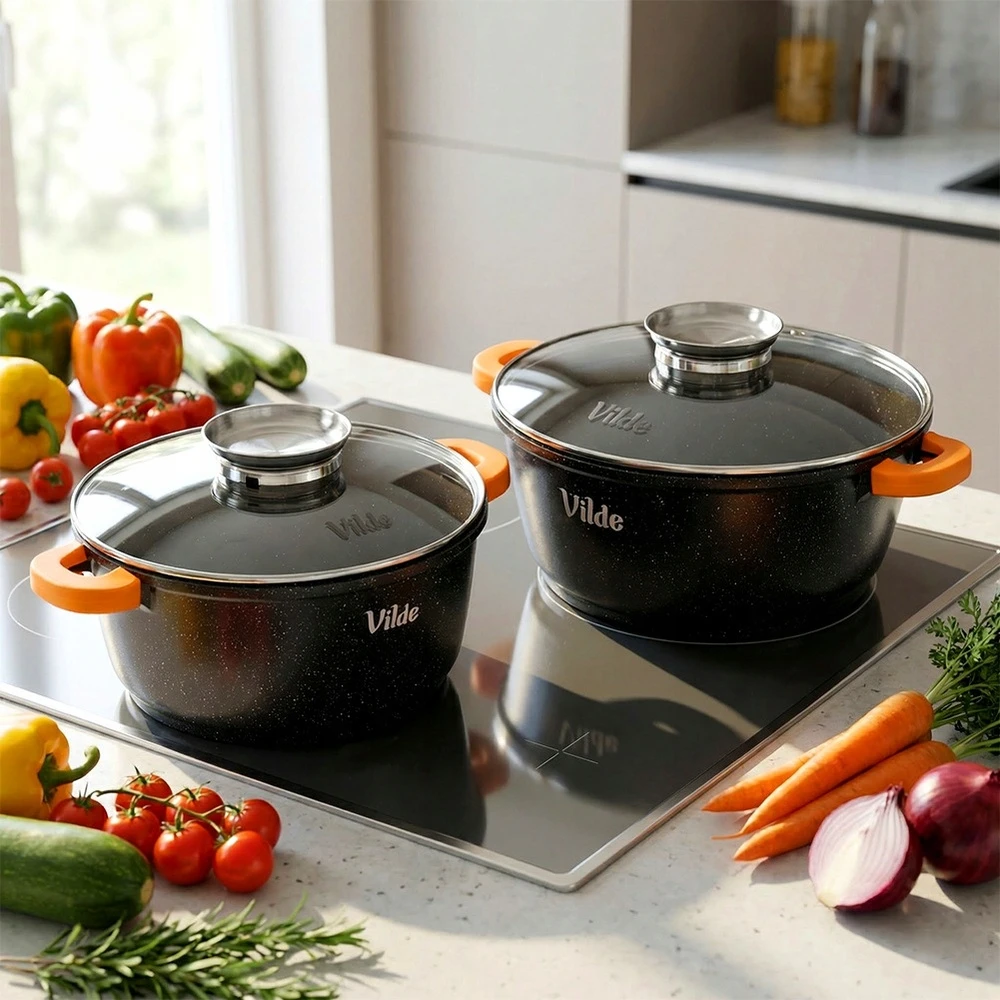 Bez Marki 2x GRANITINIAI puodų komplektas dujų indukcinių puodų VILDE 24 + 28 cm