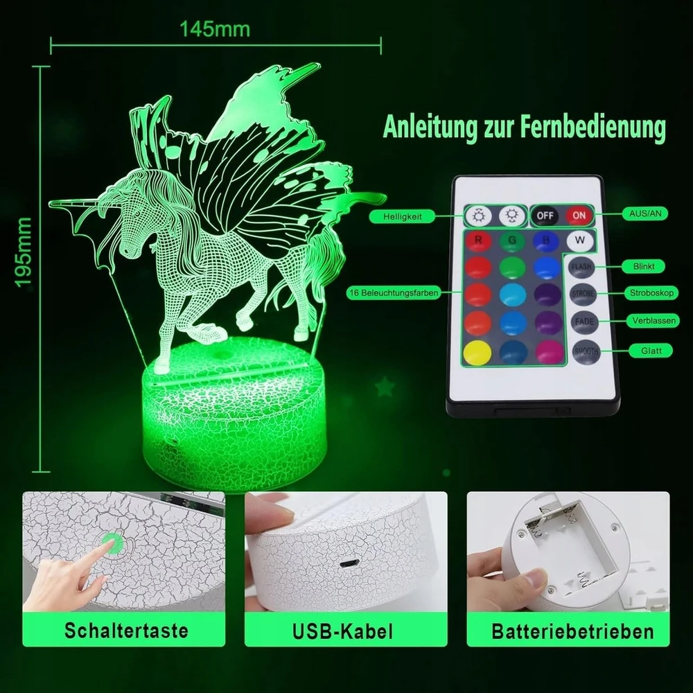 Bez Marki 3D DINOZAUR + JEDNOROŻEC Naktinė lempa LED 7 USB/BATERIE + Pultas 16 KOLORÓW