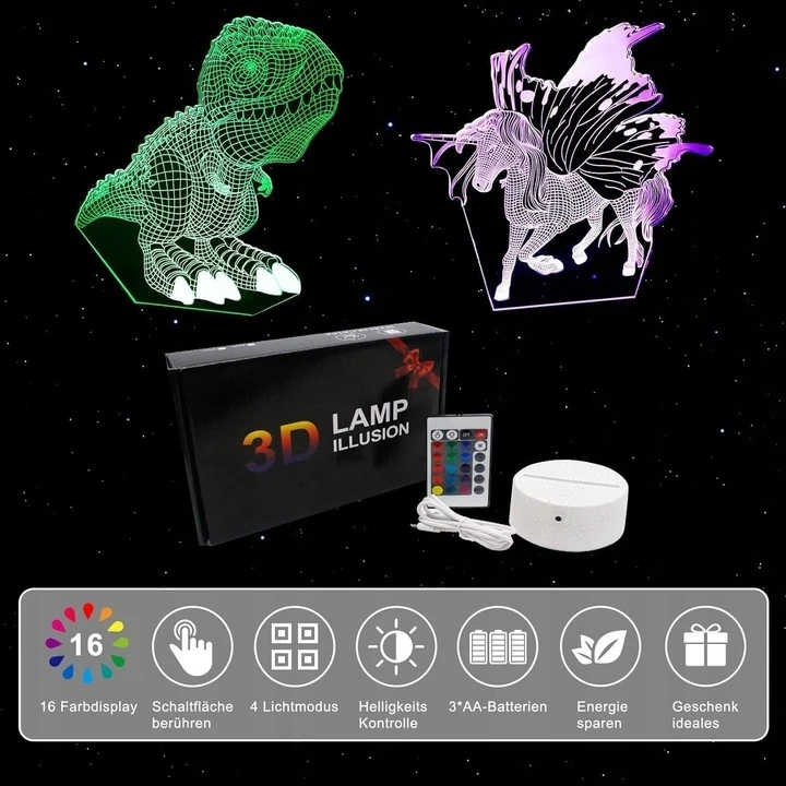 Bez Marki 3D DINOZAUR + JEDNOROŻEC Naktinė lempa LED 7 USB/BATERIE + Pultas 16 KOLORÓW