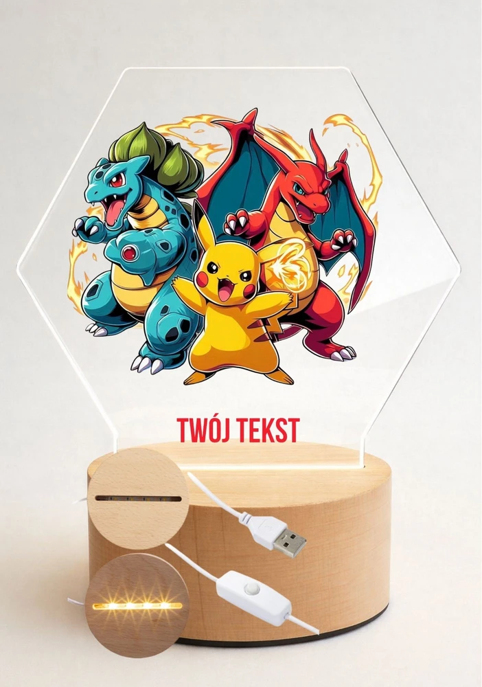 Bez Marki 3D Pokemon LED naktinė lempa + pavadinimas, dovana PREMIUM USB medinis pagrindas