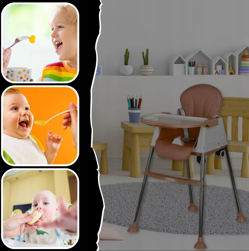 Bez Marki 3in1 Vaikų maitinimo kėdutė, padėklas, reguliuojama sėdynė, ruda