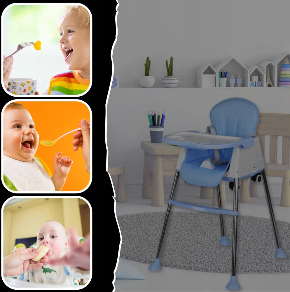 Bez Marki 3in1 Vaikų maitinimo kėdutė, padėklas, reguliuojama sėdynė, mėlyna