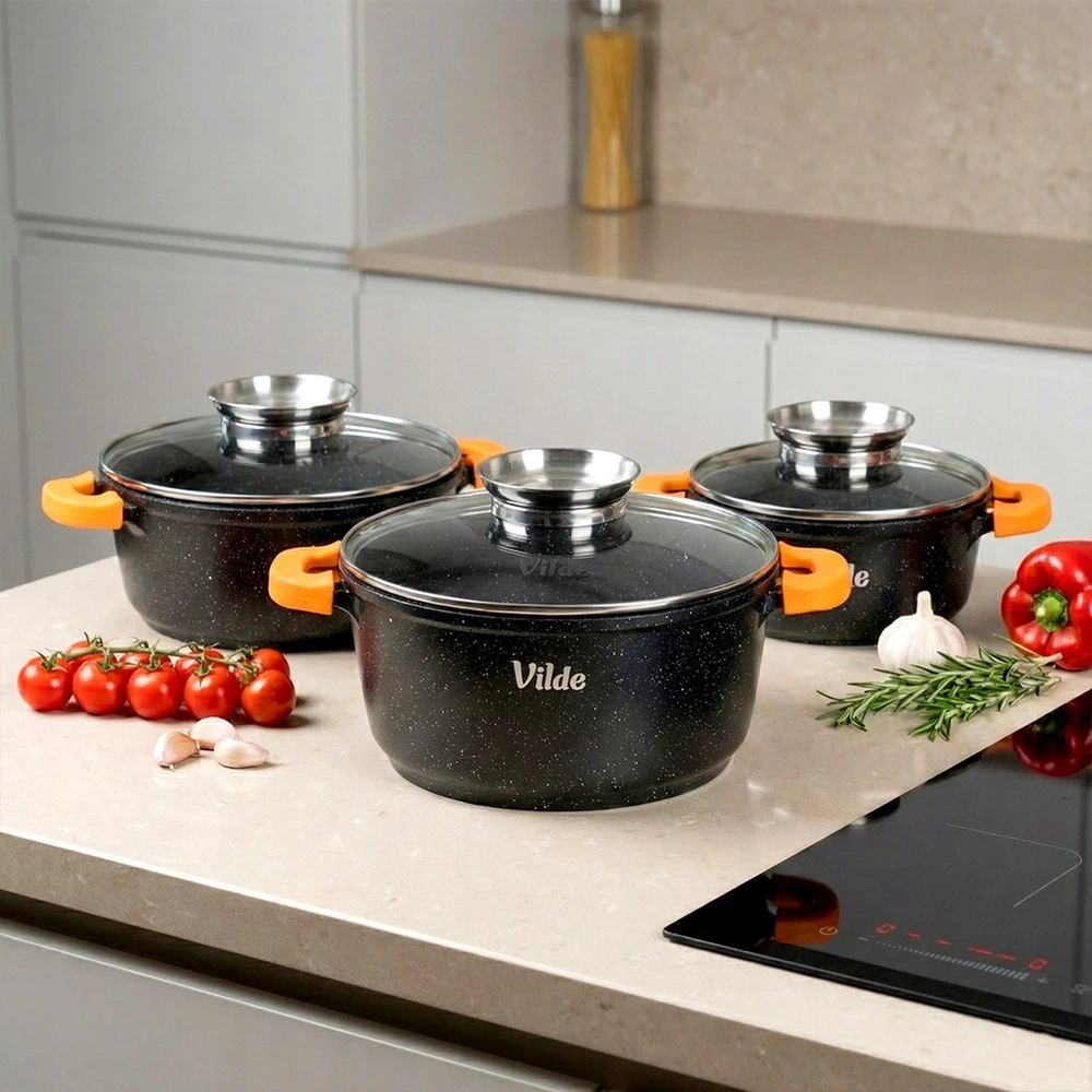 Bez Marki 3x GRANITINIAI puodų rinkinys indukcinių dujų puodų VILDE 16 + 20 + 24 cm