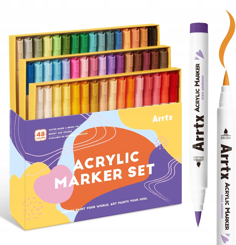 Bez Marki Arrtx akriliniai žymekliai su teptuko tipo antgaliais, 48 vnt., 1–6 mm, atsparūs vandeniui, AACM-0548E