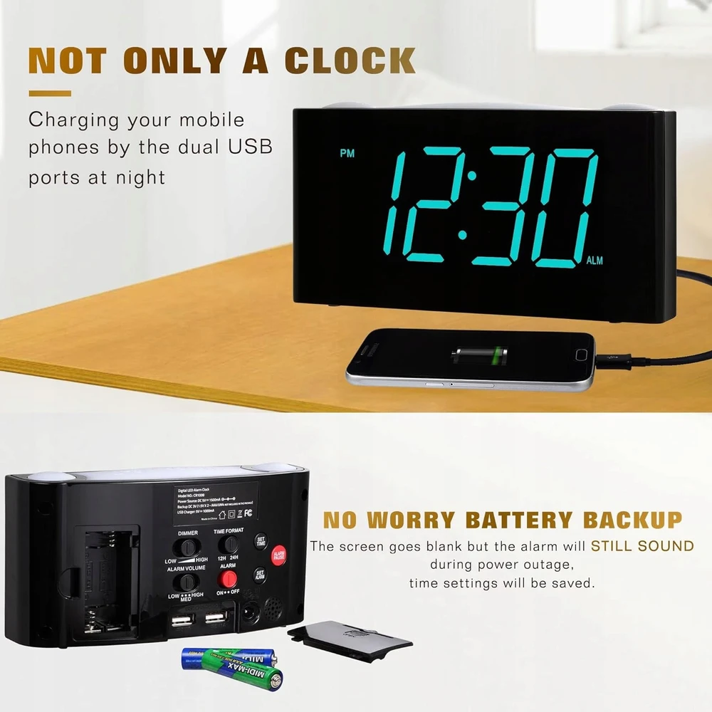 Bez Marki Alarm Žadintuvas Duży Wyświetlacz Z Ładowarką USB 7 Kolorów Regulacja Jasności