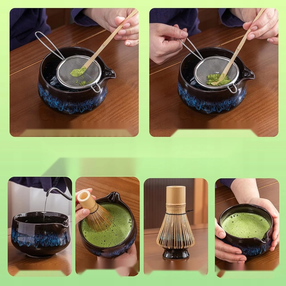 Bez Marki ARBATOS RINKINYS MATCHA 7 VNT BAMBUKO PRIEDAI KERAMIKA NATŪRALUS