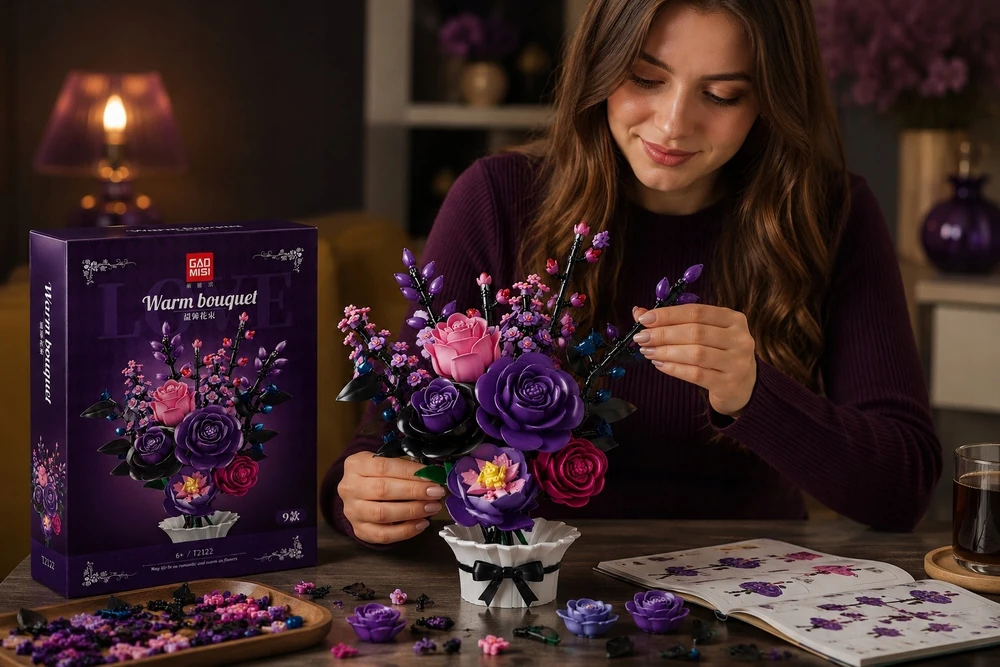 Bez Marki Blocks Flowers Bouquet Premium – DIY rožių rinkinys, unikalus kaip dovana