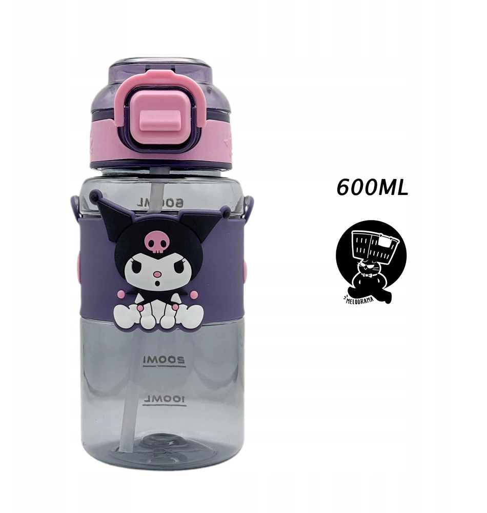 Gertuvė Bez Marki Buteliukas NA WODĘ Z SŁOMKĄ KUROMI 600ML - SANRIO su regulowanym paskiem na ramię