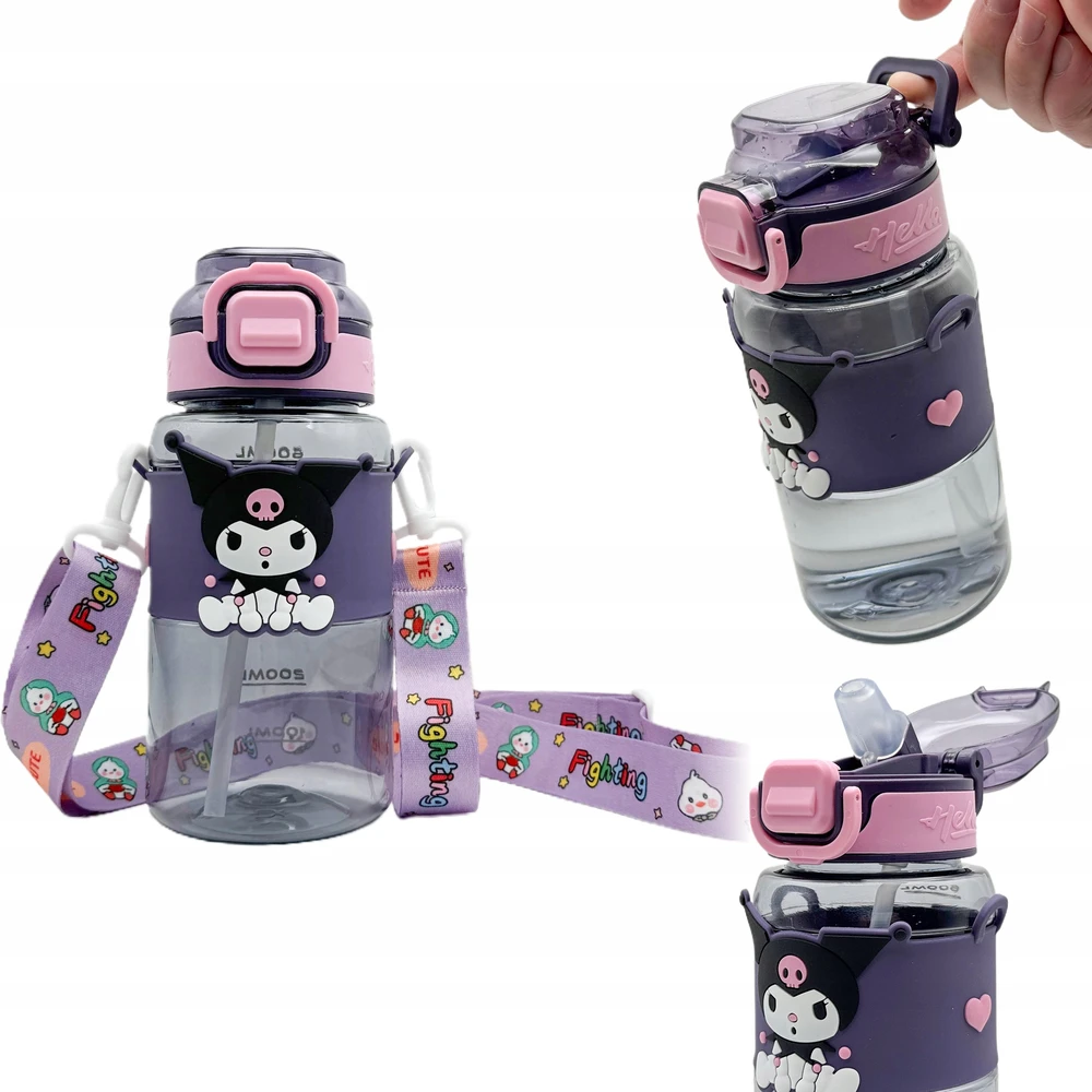 Gertuvė Bez Marki Buteliukas NA WODĘ Z SŁOMKĄ KUROMI 600ML - SANRIO su regulowanym paskiem na ramię