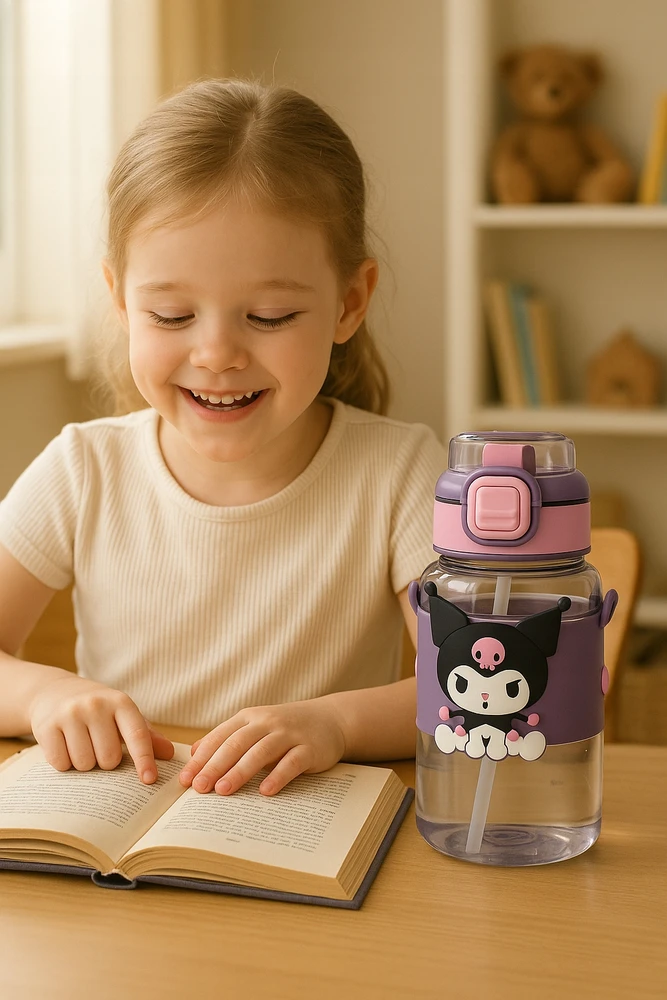 Gertuvė Bez Marki Buteliukas NA WODĘ Z SŁOMKĄ KUROMI 600ML - SANRIO su regulowanym paskiem na ramię