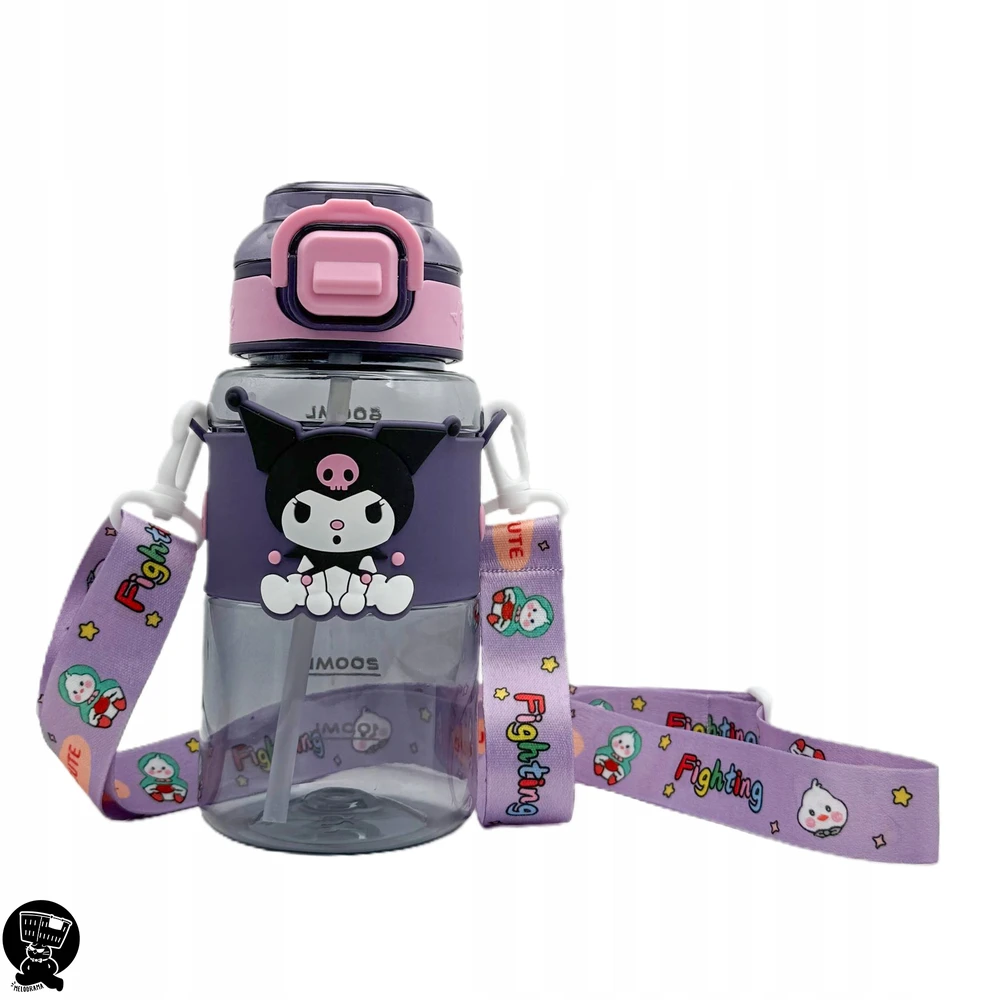 Gertuvė Bez Marki Buteliukas NA WODĘ Z SŁOMKĄ KUROMI 600ML - SANRIO su regulowanym paskiem na ramię