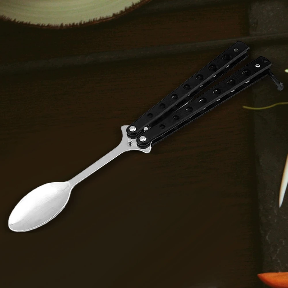 Bez Marki Butterfly Spoon sulankstomas stovyklavimo indas nerūdijančio plieno juoda rankena