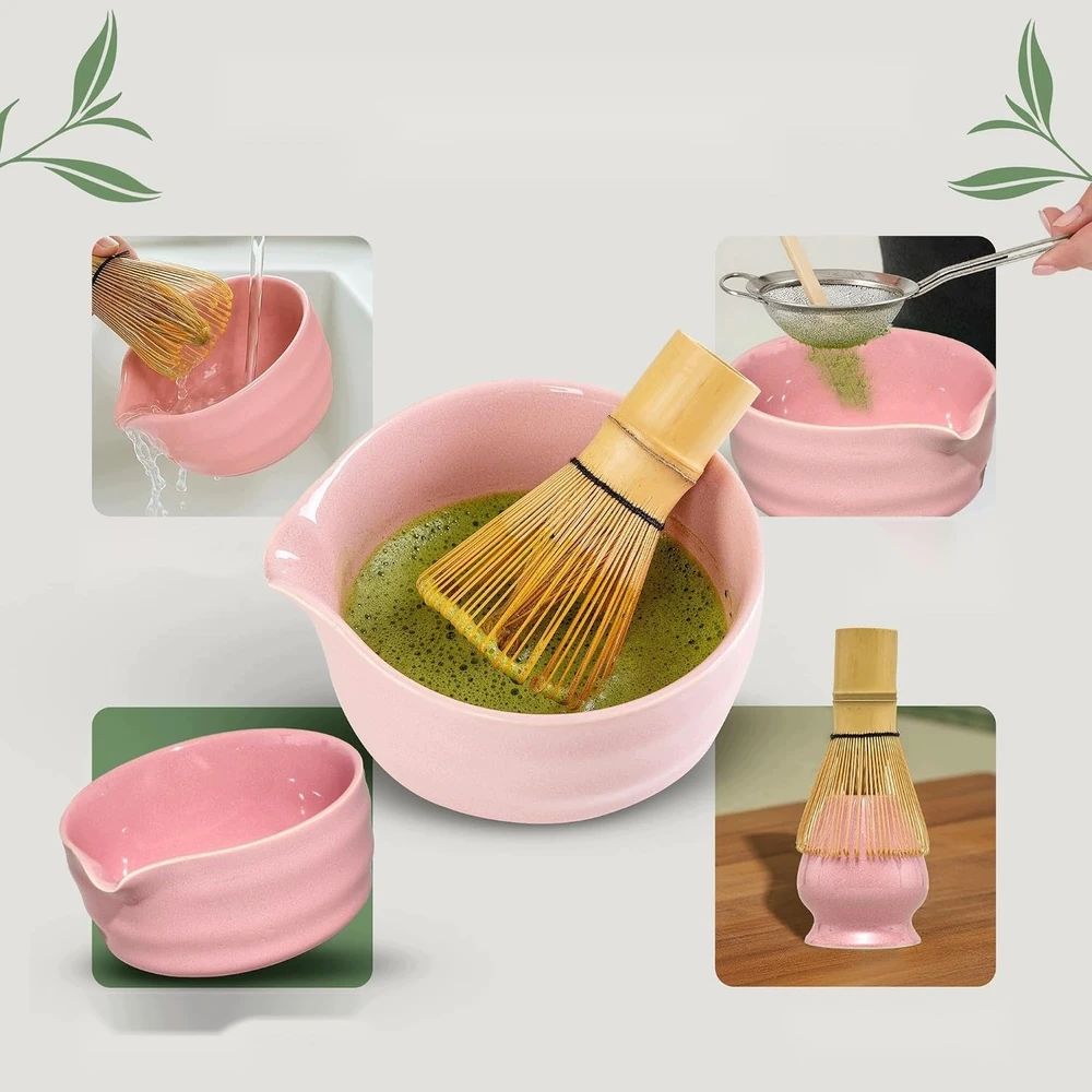 Bez Marki DO MATCHA RINKINYS 5 VIENETŲ ROŽINĖS JAPANIŠKOS KERAMIKOS BAMBUKO DOVANA
