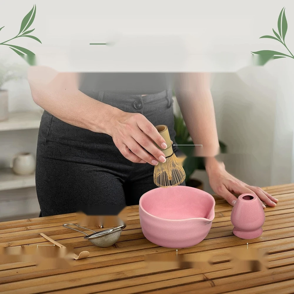 Bez Marki DO MATCHA RINKINYS 5 VIENETŲ ROŽINĖS JAPANIŠKOS KERAMIKOS BAMBUKO DOVANA