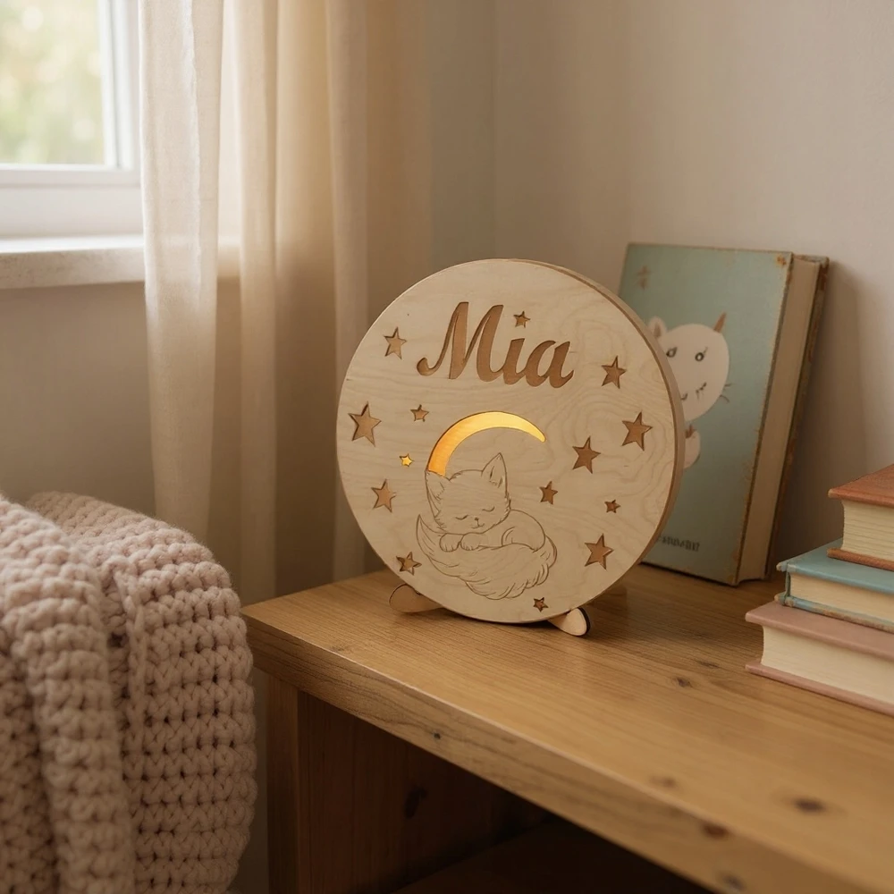 Bez Marki Drewniana lampka nocna dla dziecka LED su imieniem personalizowana stojąca