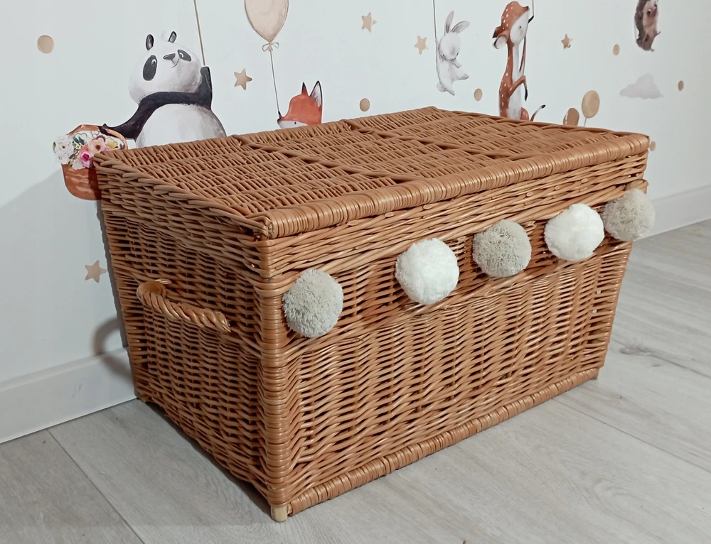 Bez Marki Duży kufer wiklinowy NATURALNY indas su pomponami kosz na zabawki 80cm