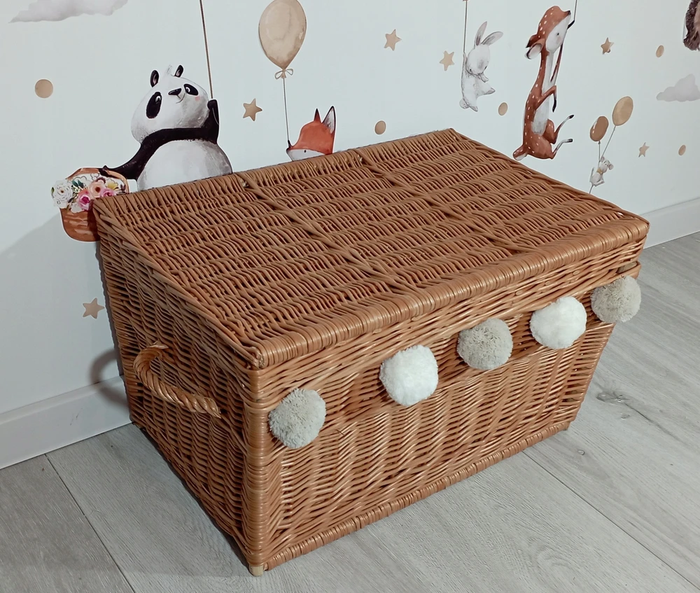 Bez Marki Duży kufer wiklinowy NATURALNY indas su pomponami kosz na zabawki 80cm