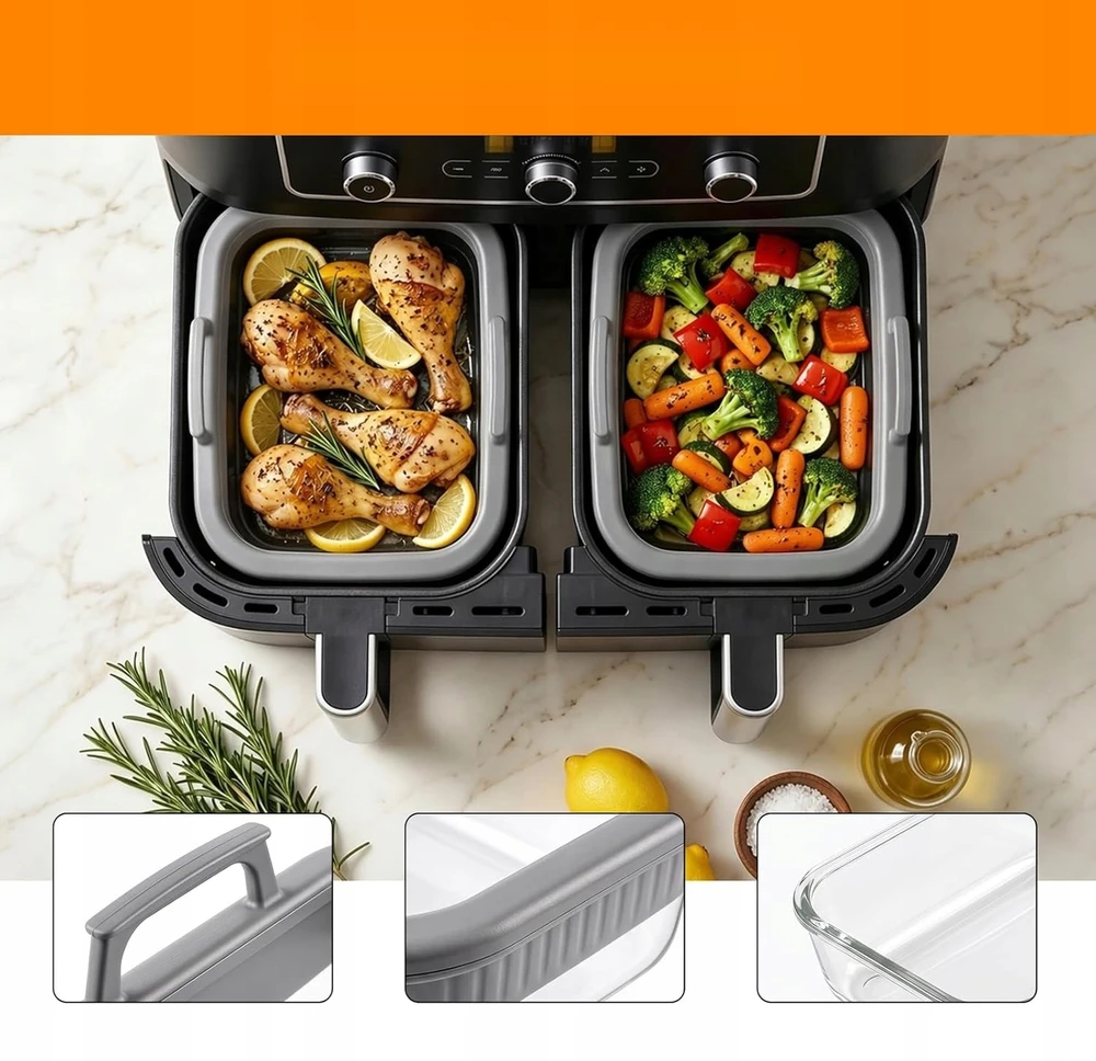 Bez Marki FORMA SZKLANA 20X15CM NACZYNIE PIECZENIA AIRFRYER UCHWYTY SILIKONOWE