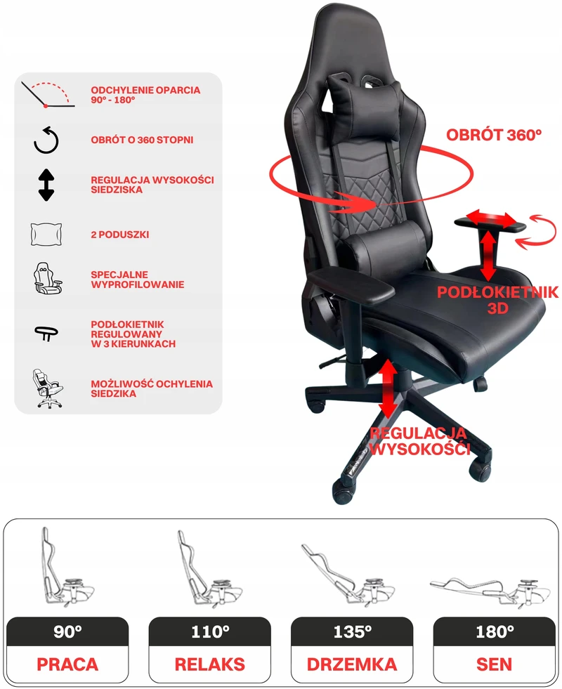Bez Marki FOTEL GAMINGOWY sukamasis GRACZA regulowany juoda Krzesło Gracza TECHVIKING