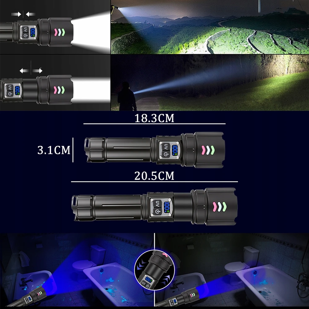Bez Marki GALINGAS taktinis LED žibintuvėlis, Įkraunamas ZOOM+UV PAIEŠKA 2 viename, DOVANAI
