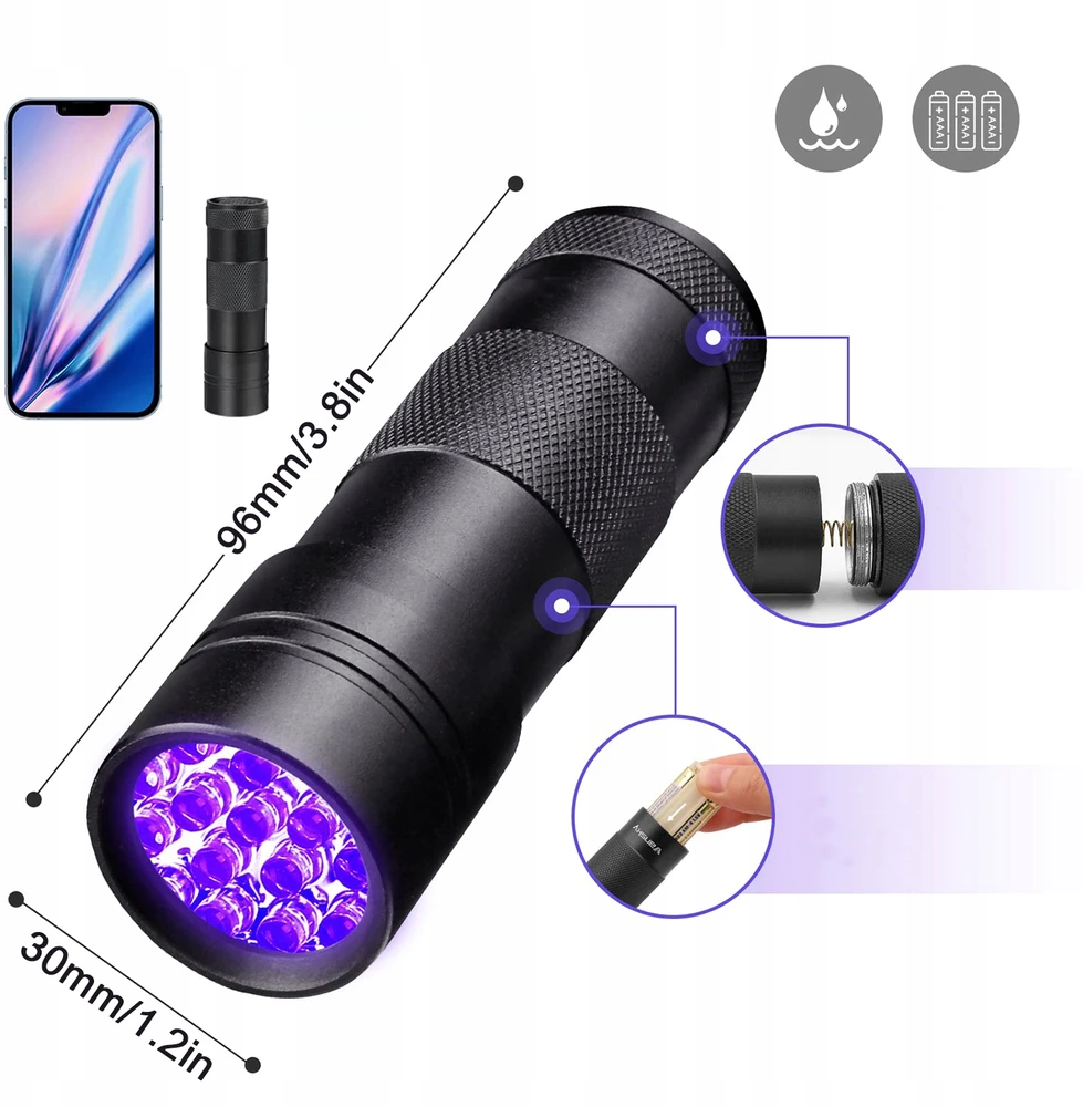 Bez Marki GALINGAS UV žibintuvėlis GINTARO PAIEŠKAMS, 12 šviesos diodų, 395 nm ULTRAVIOLETA + AAA baterijos