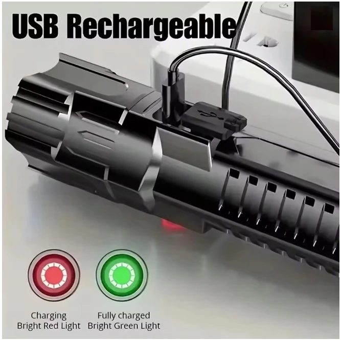 Bez Marki Galingas ZOOM USB C įkraunamas taktinis žibintuvėlis