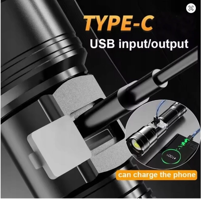Bez Marki Galingas ZOOM USB C įkraunamas taktinis žibintuvėlis