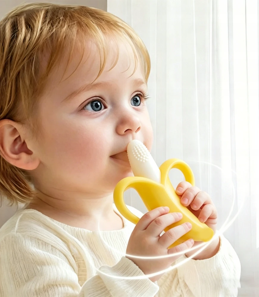 Bez Marki Geltona ortodontinė logopedinė silikoninė 3D banano formos dantukas