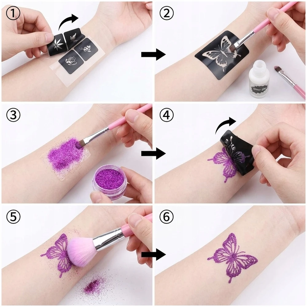 Bez Marki GLITTER TATOO RINKINYS VAIKAMS GLITTER TEMPLATES 24 vnt 3x XXL GLUE