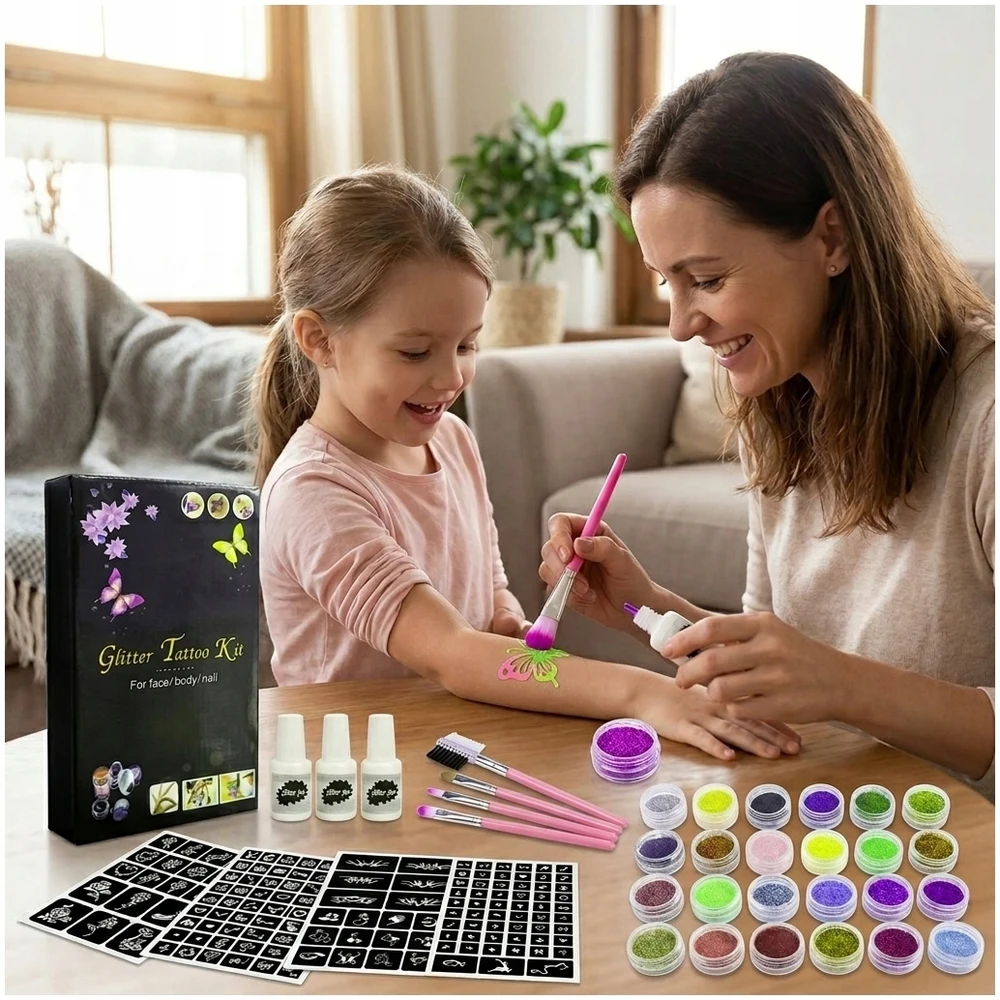 Bez Marki GLITTER TATOO RINKINYS VAIKAMS GLITTER TEMPLATES 24 vnt 3x XXL GLUE