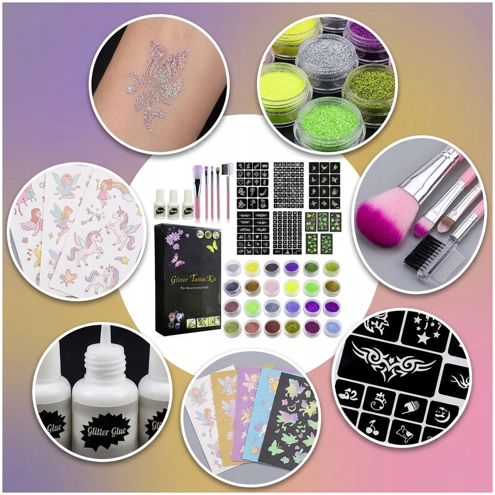 Bez Marki GLITTER TATOO RINKINYS VAIKAMS GLITTER TEMPLATES 24 vnt 3x XXL GLUE
