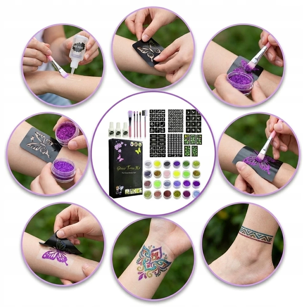 Bez Marki GLITTER TATOO RINKINYS VAIKAMS GLITTER TEMPLATES 24 vnt 3x XXL GLUE
